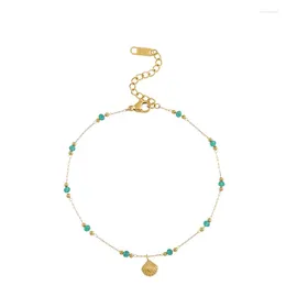 Anklets Retro Green Stone 18K Gold Plating Shell Anklet Women's Light Luxury High-Grade Ankle Chain