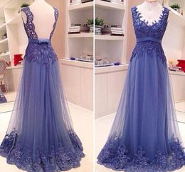 Cheap Prom Dresses 2017 A Line Deep V Neck Bow Appliques Sheer Tulle Back Evening Dresses Vestidos de Novia5086571