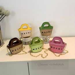 INS Children letter embroidery handbags girls grass weaving splicing PU leather single shoulder kids metals chain messenger Vegetable basket Z7699