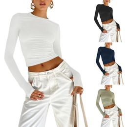 Women T-shirt Long Sleeve Crew Neck Solid Slim Fit Ladies Crop Top with Thumb Holes for Daily Street 240415