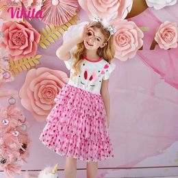 Girl's Dresses VIKITA Kids Rabbit Cartoon Print Dress Kids Heart Shape Dresses Girls Summer Flare Sleeve Vestidos Girls Layered Princess Dress T240415