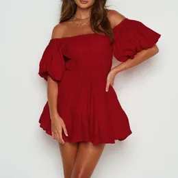 Casual Dresses Women Summer Dress Solid Colour A Line Ruffle Short Puff Sleeve Party Female Elegant Off-Shoulder Tunic