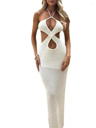 Casual Dresses Womens Sexy Knitted Crochet Maxi Dress Halter Neck Sleeveless Cut Out Long Backless Beach Bikini Cover Ups