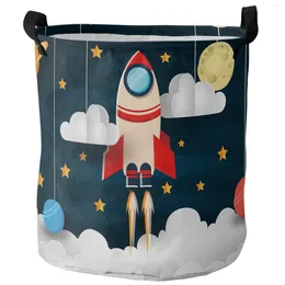 Laundry Bags Outer Space Cartoon Cute Spaceship Rocket Foldable Basket Large Capacity Waterproof Organizer Kid Toy Storage Bag