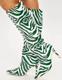 Boots Green White Printed Leather Knee High Pointed Toe Heels Slip On Winter Long Fashion Women Runway Shoes Size 42