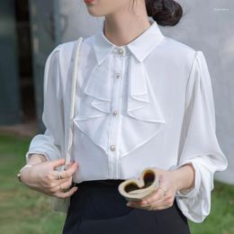 Women's Blouses Blusas Mujer Chiffon For Women Fashion Clothing Solid Long Sleeves White Tops Spliced Ruffles Office Ladies Drop