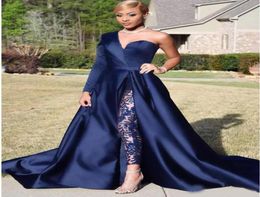 2020 Modest Blue Jumpsuits Two Pieces Prom Dresses One Shoulder Front Side Slit Pantsuit Evening Gowns Party Dress5536609