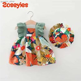 Girl's Dresses Summer Baby Girls Dress New Tropical Flower Flying Sleeve Daily Casual Dress with Hat Y240415Y2404175N94