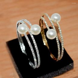Bangle Fashion 2 Rows Imitation Pearls Rhinestone Open Bracelets Bangles Women Wedding Jewellery Party Accessries