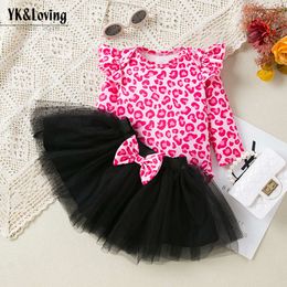 Spring and Autumn Girl Party Dress Set with Cute and Fashionable Leopard Pattern Flying Sleeves and Mesh Princess Skirt Set of 2