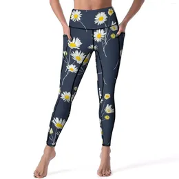 Active Pants White Chamomile Daisies Leggings Floral Print High Waist Yoga Retro Stretchy Legging Design Workout Gym Sport