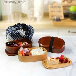 Bento Boxes Japanese Style Lunch Box Set Wooden Double Layer Bento Box for Picnic with Spoon Fork Chopsticks Portable Food Container Box L49