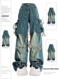 Women Blue Cargo Jeans Baggy Vintage 90s Aesthetic High Waist Cowboy Pants Harajuku Denim Trousers Y2k Trashy 2000s Clothes 2024 240408