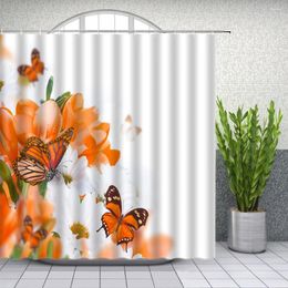 Shower Curtains Orange And White Flower Butterfly Spring Floral Plant Bathroom Decor Home Bath Hanging Curtain