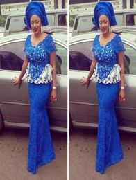 Royal Blue Nigerian Lace Prom Dresses Evening Wear VNeck Short Sleeve Plus Size Dresses with Peplum Trumpet Aso Ebi Style Formal 2182100