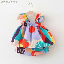 Clothing Sets Summer Baby Girls Clothing Sets Suspender Top Colour Matching Floral Vest + ChildrenS Casual Pants Little Kids Clothes Suit Y240415