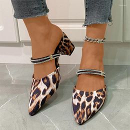 Slippers Leopard Crystal Luxury High Heels Women Mules Shoes Pointed Toe Sandals 2024 Summer Flip Flops Pumps Mujer Slides