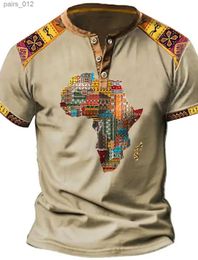 Men's T-Shirts Retro Mens T-shirt Africa Global 3D Printing T-shirt V-neck Button Extra Large Short Sleeve Outdoor Street Clothing Top yq240415