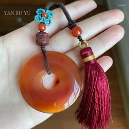 Decorative Figurines Natural Red Agate Ping An Buckle Car Accessories Chinese Style Tassel Pendant Man Woman Fashion Fine Jewelry Gift