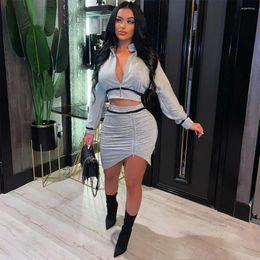 Work Dresses 2024 Ladies Solid Color Fashion Long Sleeve Lapel Zipper Short Coat With Irregular Sexy Skirt Two Piece Dress Set