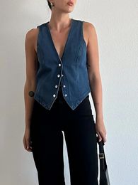 Women Sleeveless Denim Vest V Neck Button Up Jean Waistcoat Vest with Pockets Casual Vintage Denim Crop Streetwear 240412