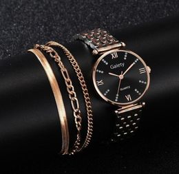4PCS Set Watches For Women Crystal Diamond Rose Gold Steel Strap Ladies Wrist Watches Bracelet Female Clock Relogio Feminino292r2191612