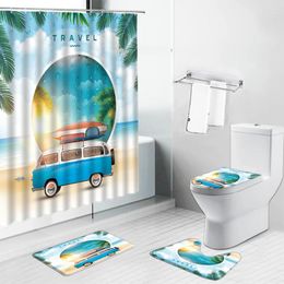 Shower Curtains Ocean Beach Green Leaf Summer Travel Landscape Palm Tree Cartoon Bathroom Decor Non-slip Toilet Cover Mat Carpet