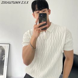 Korean Fashion Mens Knitted Polo Shirt Casual Stripe Elegant Short Sleeve TShirt Breathable Light Luxury Simple Summer Top 240402