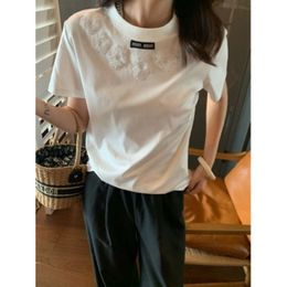 Kk24 T-Shirt Small Nameplate Logo Paired With Light Luxury Embroidery Flower Round Neck Short Sleeved Heavy Duty Mesh Nail Beads