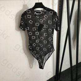 Sexy Thin Bodysuits Women Summer Tulle Short Sleeved Shirt Fashion Letter Printing Jumpsuit T Shirt