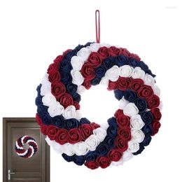 Decorative Flowers American Patriotic Wreath Independence Day Artificial Flower Blue White Red Hanging Garland For Front Door Decoration