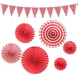 Party Decoration Red White Checkered Gingham Pennant Banners Hanging Paper Fans Flower For Picnic BBQ Birthday Wedding Outdoor