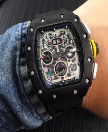 New Luxury Big Full Black Case Flyback Skeleton Watches Rubber Japan Miyota Automatic Mechanical Mens Watch5744648