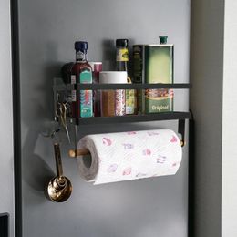 Kitchen Storage Magnetic Spice Rack With Paper Towel Holder Roll And 2 Hooks Shelf Foldable Organiser Metal Refrigerator