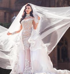 Luxurious Rhinestone Crystal Wedding Dress High Neck Beads Applique Long Sleeves Mermaid Bridal Dress Gorgeous Dubai Wedding Gown 7966767