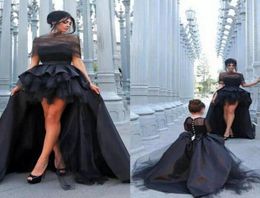 2019 Black Mother And Daughter Matching Dresses for Prom Top Quality Ruffles High Low Skirt Satin and Tulle Long Sleeve Kids Pagea1953090