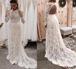 2024 Boho Lace Wedding Dresses Long Sleeves Sexy Backless A Line Jewel Neck Sweep Train Beach Country Wedding Gown Plus Size