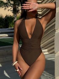 Women's Swimwear Sexy Deep V Neck One Piece Swimsuit 2024 Women Brown Pleate Tummy Control Beach Backless Bathing Suit Holiday Monokini