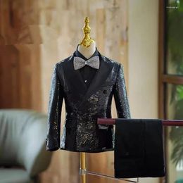 Clothing Sets 2024 Children's Gentleman Sequied Tuxedo Boys' Formal Wedding Birthday Party Suits Elegant Gown A3626