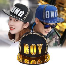 Hiphop flat brim cap acrylic letter punk style hiphop baseball rivet fashionable and Personalised street dance 240415