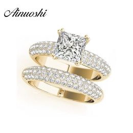 AINUOSHI 925 Sterling Silver Yellow Gold Colour 4 Prongs Bridal Ring Sets 1 5ct Princess Cut Wedding Silver Sona Ring Set Jewellery Y218B