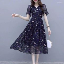 Party Dresses Stylish Casual Butterfly Printed Midi Dress Summer Bandage Elegant V-Neck Female Clothing A-Line Commute Ruffles Spliced