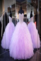 2018 New Lavender Quinceanera Dresses Ball Gown Corset Crystals Pearls Ruffles Tulle Lace Up Back Pageant Gowns For Girls Q432008692