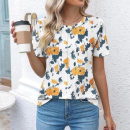 Women's Blouses Floral Printing Shirts For Woman Casual Crew Neck Short Sleeve Pleated Tops Fashion Ladies Summer Elegant Top Ropa Mujer