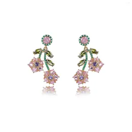 Dangle Earrings Beautiful Pink Stone And Green Cubic Zirconia Drop Flower For Brides Party Wedding CE12090