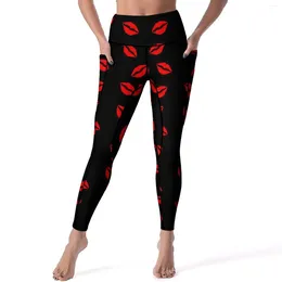 Active Pants Kissy Lips Leggings Red Mouths Print Fitness Gym Yoga High Waist Elastic Sport With Pockets Quick-Dry Design Le