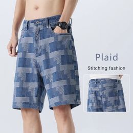 Fashion Plaid Denim Shorts for Men Summer Straight Casual Splicing Jeans Streetwear Baggy Wide Short Pants Male 240415