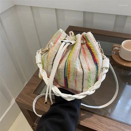 Shoulder Bags Brand Designer Wool Striped Women's Bag Casual Drawstring Crossbody Small Bucket Handbag