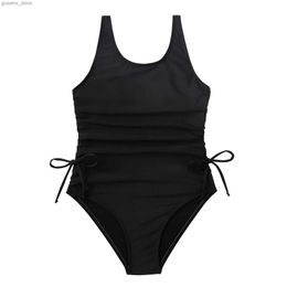 One-Pieces Black Girls One Piece Swimsuit 7-12 Year Kids Swim Suit Teenage Childrens Swimwear 2024 Drawstring Bathing Suits Beach Bodysuit Y240412