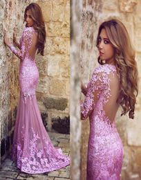 Evening Dresses 2018 Cheap Arabic Lilac Purple Jewel Neck Long Sleeves Lace Mermaid Sheer Illusion Long Party Dress Open Back Prom1695288